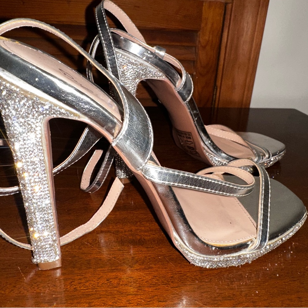 Lulu’s Jelissa Silver Rhinestone Platform Ankle Strap Heels